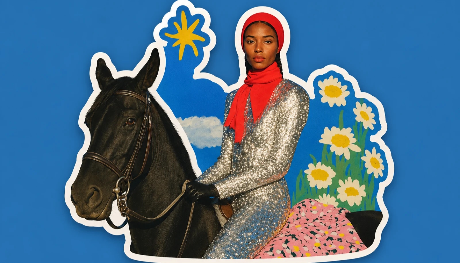Collage éditorial : une cavalière en combinaison argentée sur un cheval noir, découpée sur un fond bleu