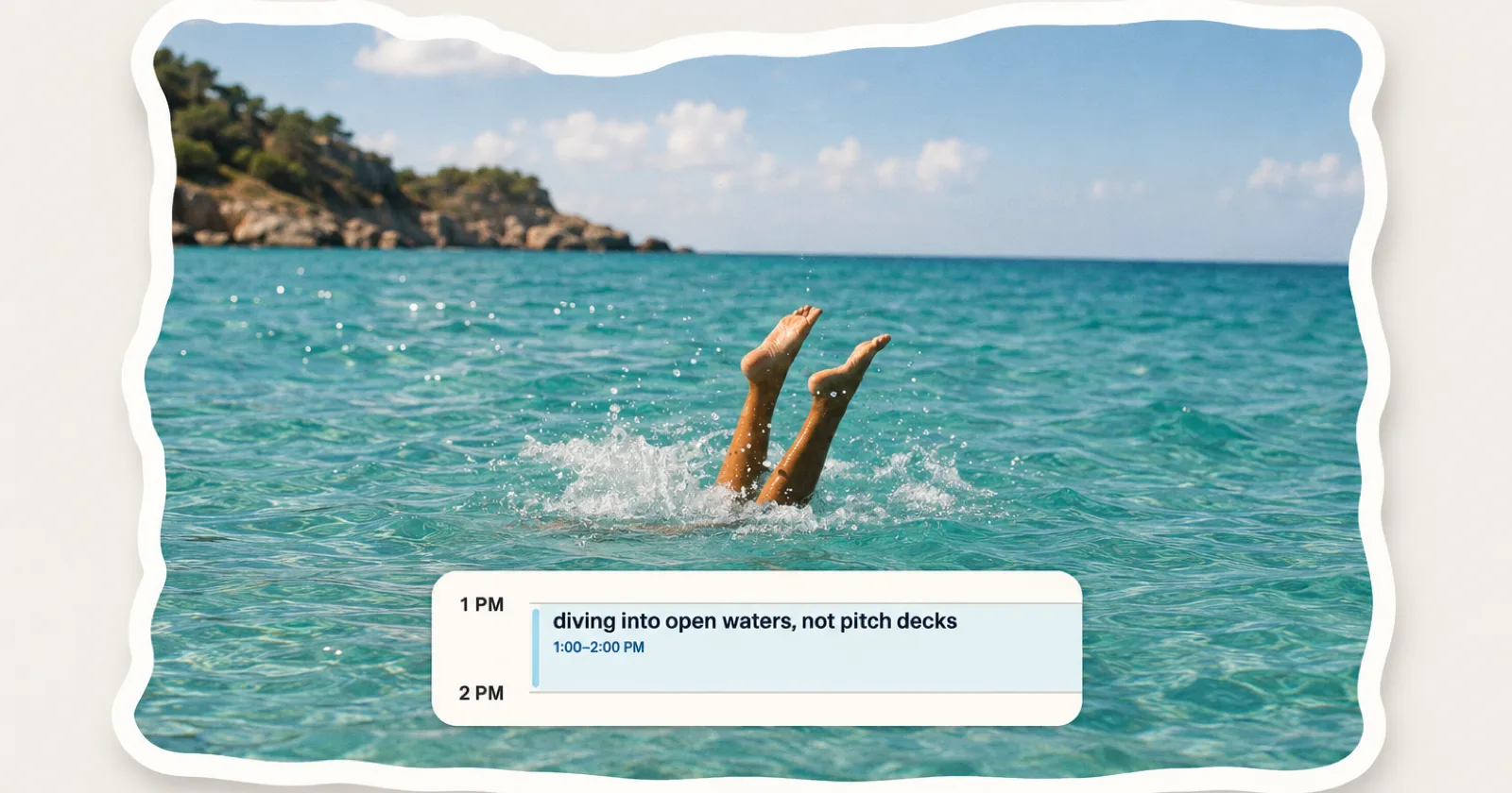 Collage éditorial : un plongeon en mer, surmonté d’un créneau d’agenda de 13 h à 14 h