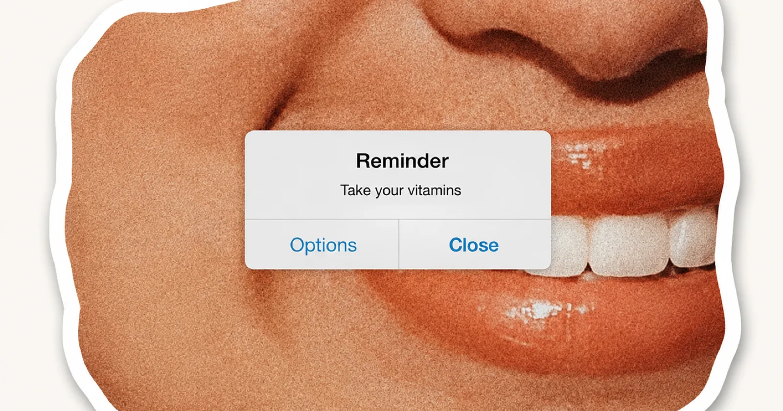 Collage éditorial : une bouche en gros plan, recouverte d’une boîte de dialogue proposant « Options » ou « Close »